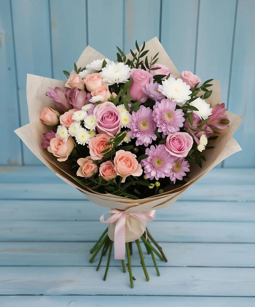 Букет цветов из: Хризантемы, Розы и Альстромерии в Цветочный