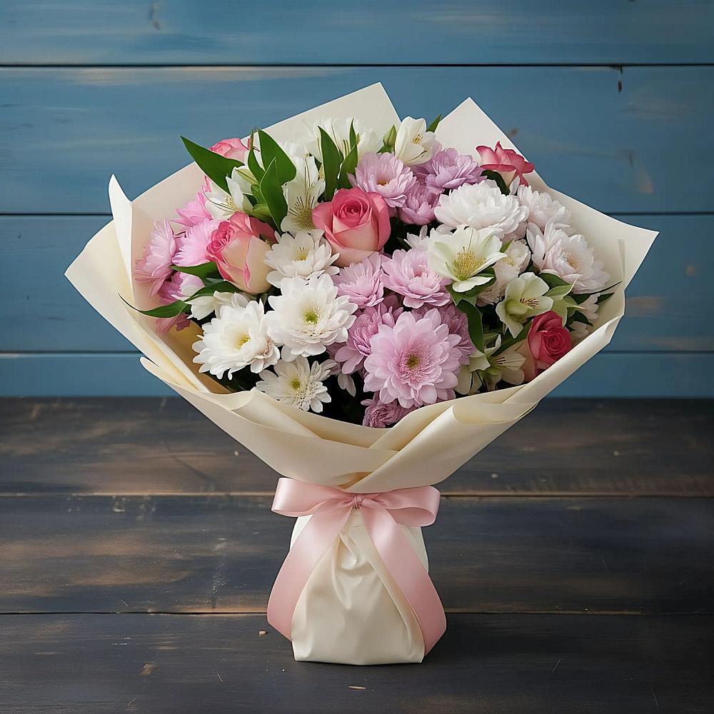 Букет цветов из: Хризантемы, Альстромерии и Розы в Цветочный